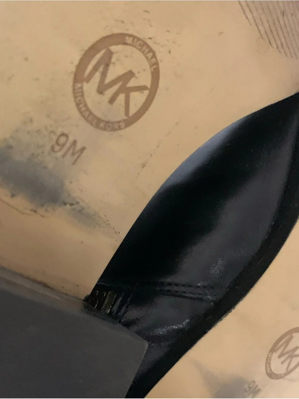 Michael Kors Black and Brown Leather Knee Boots with Gold MK Emblem